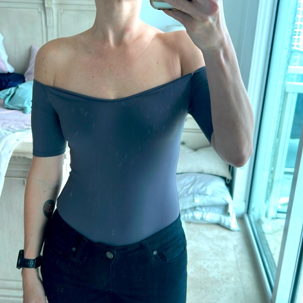 Alix size xs gray off the shoulder bodysuit with built in bra